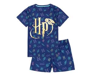 Harry Potter Pyjamas pour Enfants | Ensemble t-Shirt à Manches Courtes Bleu Marine avec Lunettes de Sorcier, Sorts, Logo doré HP et école de Poudlard | Vêtements Magiques