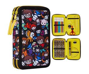 Harry Potter Trousse Scolaire 2 Compartiments, Trousse Enfant Ado avec Fournitures Scolaires, Stylo Lumineux Secret, Kit Papeterie, Idée Cadeau (Noir AOP)