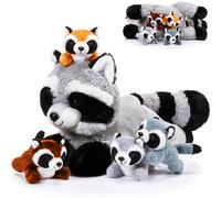Harrycle 5 Pcs Set de Animaux de Raton Laveur en Peluche Doux Maman Raton Laveur avec 4 Bébés Ratons Laveurs dans Son Ventre Poupée Câline pour Enfants Cadeau d'anniversaire Graduation (Charmant)