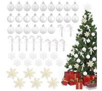 Harrycle 50 Pièces Décorations de Sapin de Noël Petite Boule Flocon de Neige Scintillant d'arbre Canne en Bonbon Scintillante Ornement Suspendu de Noël Fleur de Poinsettia(Blanc)