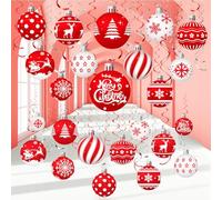 Harrycle Lot de 54 décorations de Noël à suspendre en aluminium - Décoration de plafond pour les vacances, les fêtes prénatales, les fêtes d'hiver (rouge et blanc)