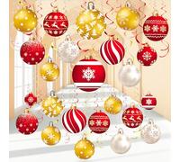 Harrycle Lot de 54 décorations de Noël à suspendre en aluminium - Décoration de plafond pour les vacances, les fêtes prénatales, les fêtes d'hiver (rouge, blanc, doré)