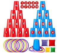 Harrycle Set de 54 Jeux de Lancer pour Enfants Jeux de Lancer 3 en 1, 20 Gobelets Empilables 10 Anneaux 20 Autocollants Numérotés et 4 Sac de Haricots pour Activités d'Extérieur Fête d'anniversaire