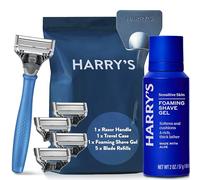 Harry's Kit de rasage pour homme - Rasoir humide avec 5 lames, manche bleu, housse de voyage, gel à raser 60 ml