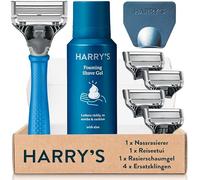 Harry's Rasoir humide pour homme - Kit de rasage avec poignée bleue, 4 lames de rasage de rechange, protection de lame de voyage, gel à raser 60 ml, lames de rasage pour homme