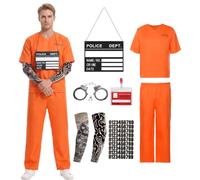 Harsever Costume de prison orange pour homme | Costume de prisonnier pour homme avec tableau d'information, numéro, autocollant, plaque nominative, menottes, manches