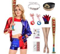 Harsever Déguisement Quinn Costume Harley, Costume Carnaval Fille Femme Quinn Costume avec Veste T-Shirt Short Ceinture Mitaines Deguisement Harley pour Carnaval Halloween (Adulte, M)