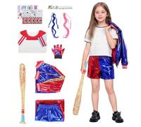 Harsever Déguisement Quinn Costume Harley, Costume Carnaval Fille Femme Quinn Costume avec Veste T-Shirt Short Ceinture Mitaines Deguisement Harley pour Carnaval Halloween (Enfant, 130)