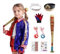 Harsever Déguisement Quinn Costume Harley, Costume Carnaval Fille Femme Quinn Costume avec Veste T-Shirt Short Ceinture Mitaines Deguisement Harley pour Carnaval Halloween (Enfant, 140)