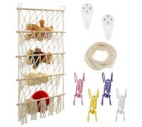 harupink Filet de rangement pour doudou bohème, en macramé, à 4 étages, avec 8 clips en métal et 2 clous sans traces, sans perçage, organiseur de jouets à suspendre (blanc)