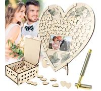 harupink Livre d'or de mariage en bois en forme de cœur, livre d'or de mariage avec 100 cœurs en bois, 1 stylo et boîte de rangement pour cartes, livre de souvenirs aspect eucalyptus, pour mariages