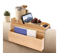 harupink Plateau de canapé, accoudoir antidérapant, en bambou naturel, lisse, sans bavures, clip fixe avec boîte de rangement, plateau de canapé pour collations, téléphone, boissons, tasse (bambou)