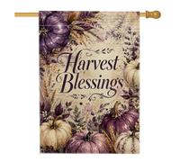 Harvest Blessings Drapeau de maison citrouilles violettes 71 x 101 cm | Texte vintage, drapeau de cour, tiges de blé d'automne, décoration de ferme rustique, panneau de pelouse saisonnier