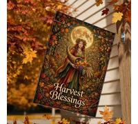 Harvest Blessings Goddess Cornucopia Thanksgiving House Flag 71 x 101 cm | Corne d'abondance, drapeau de cour, thème récolte, pleine lune, feuilles d'automne, gratitude saisonnière