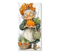 Harvest Festival - Bannière décorative pour porte d'entrée, grand-mère tenant une citrouille et des légumes - Fournitures de vacances d'automne pour intérieur et extérieur - 91,4 x 183 cm