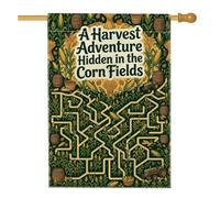Harvest Maze Adventure Drapeau maison d'automne 71 x 101 cm | Tiges de maïs, drapeau de cour, tonneaux en bois, tracteur agricole, puzzle labyrinthe, thème de récolte rustique