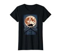 Harvest Moon a Un Chat en Forme de tête de Chat Marchant sur Le Toit T-Shirt Graphique avec Valeur, Femme, Noir, S