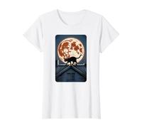 Harvest Moon a Un Chat en Forme de tête de Chat Marchant sur Le Toit T-Shirt Graphique avec Valeur, Femme, Blanc, XL