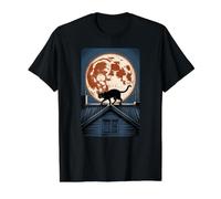 Harvest Moon a Un Chat en Forme de tête de Chat Marchant sur Le Toit T-Shirt Graphique avec Valeur, Homme, Noir, L