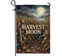 Harvest Moon Drapeau de jardin avec citation d'automne 30,5 x 45,7 cm | Pleine lune, drapeau de cour, feuilles d'érable, clôture en bois, ferme rustique, paysage saisonnier