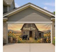 Harvest Time Grande housse de porte de garage rustique avec ours et tournesol - Décoration de porte de garage - Automne - Extérieur et intérieur - Automne - 397 x 180 cm