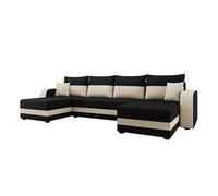 Harvey - Canapé panoramique en U 7 places convertible avec coffre en tissu bicolore - Noir / Beige