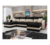 Harvey - Canapé panoramique en U 7 places convertible avec coffre en tissu bicolore - Noir / Beige