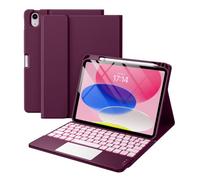 Harvopu Étui portefeuille avec clavier pour iPad A16 11e/10e génération | Pavé tactile multiple, rétroéclairé 7 couleurs, clavier amovible pour iPad A16 11"/10e génération avec porte-crayon, bordeaux