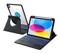 Harvopu Étui pour iPad 10e/11e génération A16 avec clavier, rotation à 360°, coque amovible avec porte-crayon, pavé tactile multi-touch, clavier rétroéclairé 7 couleurs pour iPad (A16)/10e génération