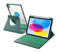 Harvopu Étui pour iPad 10e/11e génération A16 avec clavier, rotation à 360°, coque amovible avec porte-crayon, pavé tactile multi-touch, clavier rétroéclairé 7 couleurs pour iPad (A16)/10e génération