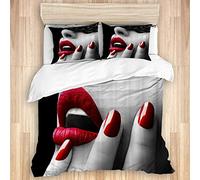 HARXISE Literie - Ensemble de Housse de Couette,Un Beau Visage de Fille avec Rouge à lèvres et Vernis à Ongles Sexy et séduisant Fond Noir,Couleur taie d'oreiller,240 x 260cm