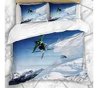 HARXISE Literie - Housse De Couette Saut Bleu Sauter Skieur Nature Ski Sports Action Récréation Piste de Neige Hiver Montagne Ensemble Trois pièces en Microfibre avec 2 taies d'oreiller 140 * 200cm