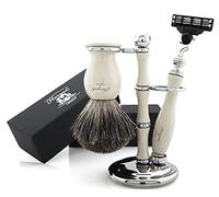 Haryali London, Kit de rasage 3 pièces pour homme, rasoir de sécurité triple tranchant avec brosse à poils de blaireau pur et support de rasage, kit de toilettage pour homme Coffret cadeau de rasage