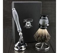 Haryali London Kit de rasage 4 pièces pour homme - Rasoir à 3 bords avec blaireau noir - Support de rasoir et support de blaireau - Ensemble parfait pour les hommes