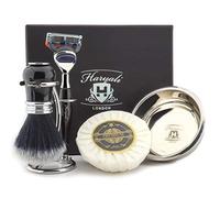 Haryali London Kit de rasage 5 pièces pour homme - Rasoir 5 lames avec blaireau en poils synthétiques noirs - Support - Bol et savon