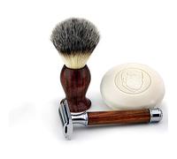 Haryali London Kit de rasage en bois 3 pièces pour homme avec rasoir de sécurité à double tranchant avec brosse à poils de blaireau synthétique et savon. Ensemble parfait pour les hommes