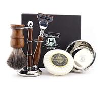Haryali London Kit de rasage en bois 5 pièces avec rasoir à 5 bords, blaireau, savon à raser, bol à raser et support de rasage
