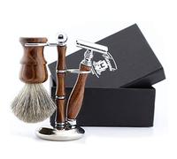 Haryali London Kit de rasage en bois pour homme - Coffret 3 pièces comprenant un rasoir de sûreté à double tranchant, un blaireau en poils de blaireau pur et un support de rasage