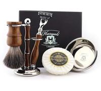 Haryali London Kit de rasage en bois pour homme - Rasoir à 3 bords avec brosse à poils de blaireau synthétiques, support, bol et savon - Coffret cadeau pour homme