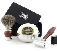 Haryali London Kit de rasage - Kit de rasage 5 pièces - Rasoir de sécurité double tranchant - Blaireau de rasage - Savon à raser - Bol à raser - Aluminium - Set de rasage couleur marron antique