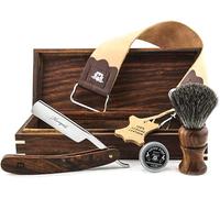 Haryali London Kit de rasage pour homme en bois avec rasoir droit, blaireau, strop en cuir et pâte à strop Set de rasage parfait livré dans une boîte en bois