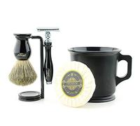 Haryali London Kit de rasage - Rasoir à raser, brosse à raser, support de rasage, savon à raser, bol à raser, lot de 5 pinceaux de rasage - Brosse à raser en poils de blaireau véritable - Noir