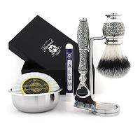 Haryali London Rasoir à 5 bords avec brosse de rasage en poils de blaireau synthétiques, support et kit de rasage parfait pour homme