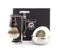 Haryali London Rasoir de sécurité à double bord avec pointe argentée Brosse à cheveux, support, savon et bol pour homme Coffret cadeau parfait Nouvel An