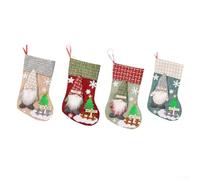Hasaller Lot de 4 grandes chaussettes de Noël brodées en lin avec personnage de nain 3D pour décoration de fête de Noël