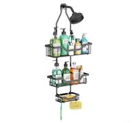 Hasaller Sho-wer Ca-ddy Organiseur de salle de bain à suspendre à 3 niveaux sans perçage sur la tête Étagère de douche en acier inoxydable avec porte-savon et crochets Porte-shampooing antirouille