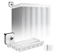 Hasaller Tringle à rideau de douche pliable à ventouse avec anneaux - Tringle de tension réglable sur 4 positions pour installation d'angle ou droite de salle de bain - Support mural en alliage
