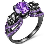 Hasdnker Bagues Bague Bijoux Femme Hommes Bague Gothique Noire en Cristal Rouge, Double Tête De Mort, pour Femme, Bijoux De Fête Et De Mariage, 8 Violets