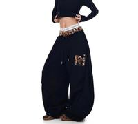 Hasdnker Jeans Jean New Pantalon Large À Imprimé Léopard Rétro Américain, Broderies Et Patchwork, Coupe Ample, Style Jazz Danse pour Femme, Confortable Décontracté (M/Noir)