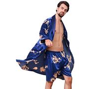 Haseil Kimono de luxe pour homme avec short imprimé en satin de soie - bleu - Large